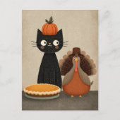 黒猫、ターキー＆パンプキンパイ かわいいサンクスギビング ポストカード (正面)