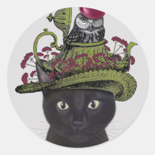 黒猫（ティーポットとフクロウ） ラウンドシール