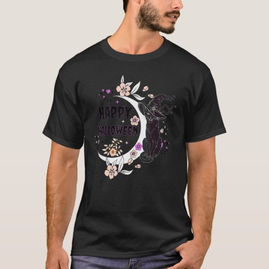 黒猫 ハッピーハロウィン 魔女 満月 猫 Tシャツ (正面)