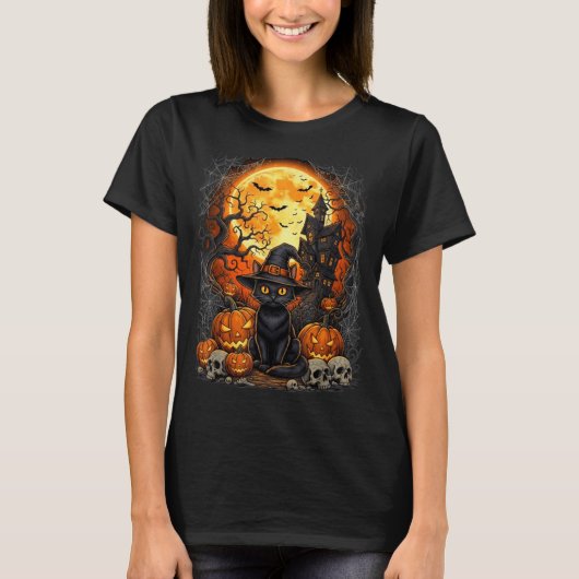 黒猫 ハロウィン かぼちゃ Tシャツ (正面)