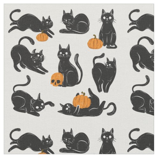 黒猫、ハロウィーン、カボチャとスカル ファブリック (クローズアップ)