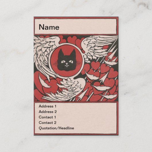 黒猫、ハートおよび翼のヴィンテージ 名刺 (正面)