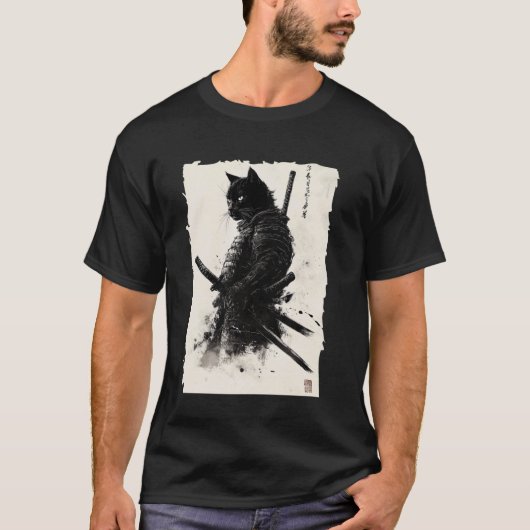 黒猫 ビンテージ 日本 サムライ キャット レトロ 浮世絵 Tシャツ (正面)