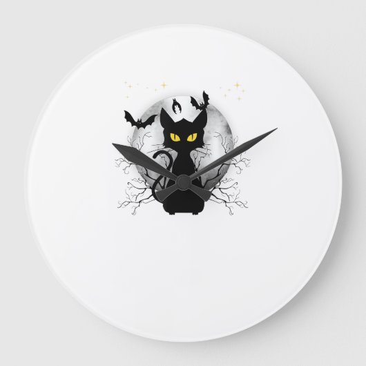 黒猫 フルムーン コウモリ & 星空 ハロウィン ラージ壁時計 (正面)