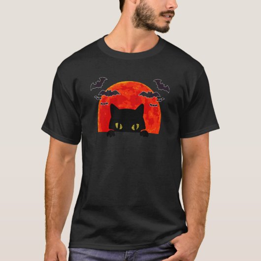 黒猫 フルムーン ナイト メンズ レディース ハロウィン Tシャツ (正面)