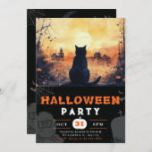 黒猫 フルムーン 秋 黒 ハロウィン 招待状 (正面/裏面)