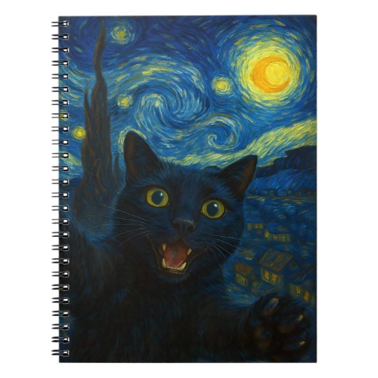 黒猫 星空の夜 ゴッホ 猫のセルフィー ノートブック (正面)