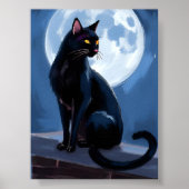 黒猫 | 満月のペット絵画 水彩画 ポスター (正面)
