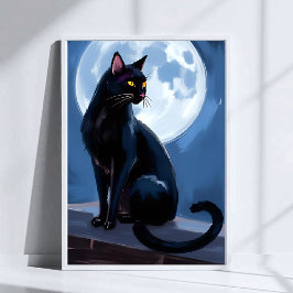 黒猫 | 満月のペット絵画 水彩画 ポスター