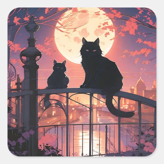 黒猫・満月 スクエアシール (正面)