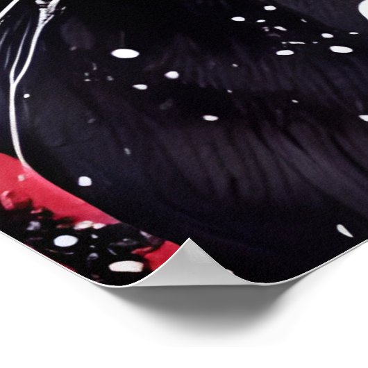 黒猫(白い花が赤い背景) ポスター (角)