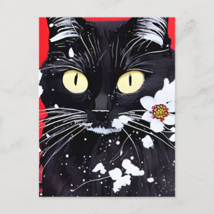 黒猫(白い花が赤い背景) ポストカード