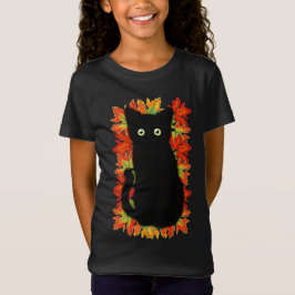 黒猫、紅葉パターン、ハロウィーンおもしろい Tシャツ