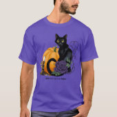 黒猫 紫のバラ カボチャの秋 Tシャツ (正面)