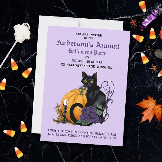 黒猫 紫のバラ カボチャ ハロウィンパーティー 招待状