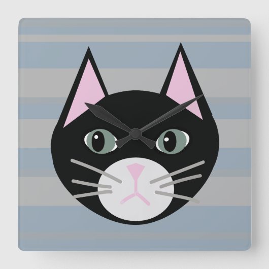 黒猫、縞模様 スクエア壁時計 (正面)
