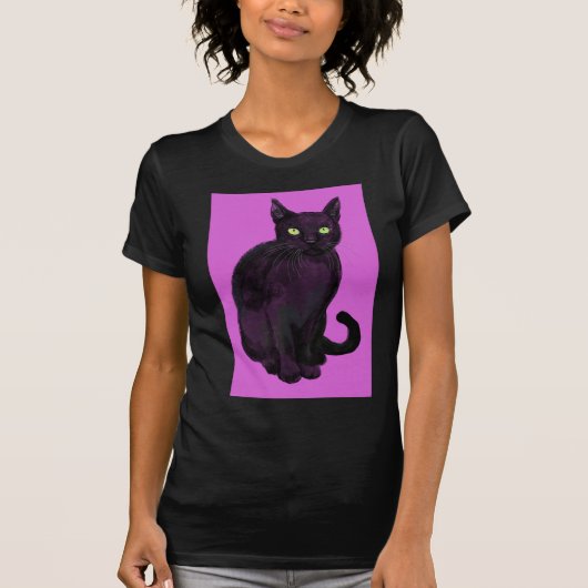黒猫(背景明るい赤紫色) Tシャツ (正面)