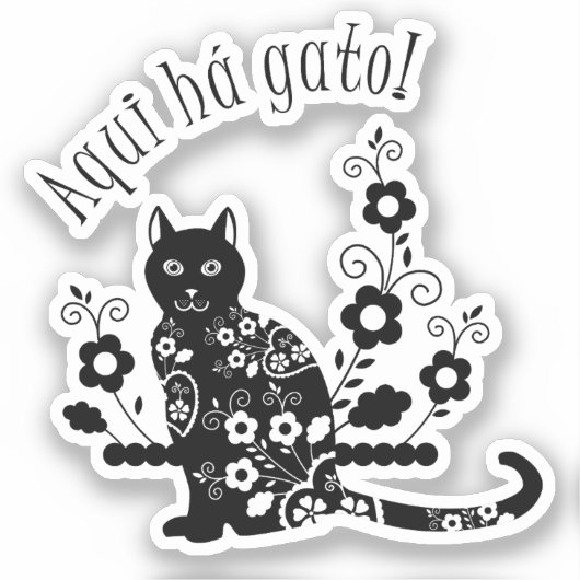 黒猫(花とポルトガル語の表現) シール (正面)