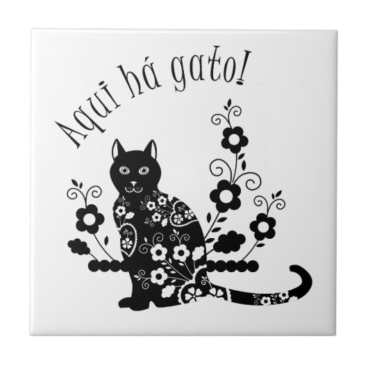 黒猫（花とポルトガル語の表現） タイル (正面)