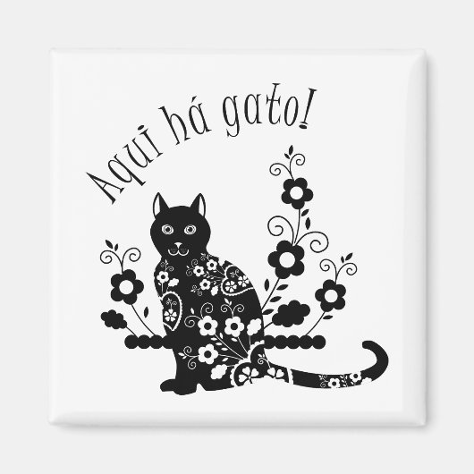 黒猫(花とポルトガル語の表現) マグネット (正面)