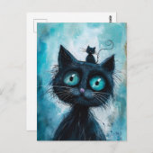 黒猫（頭に小猫） ポストカード (正面/裏面)