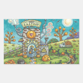 黒猫、魔女かぼちゃパイ工場ステッカーRec 長方形シール