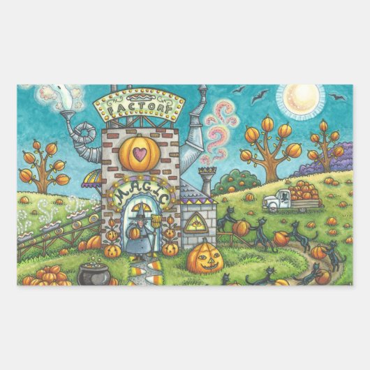 黒猫、魔女かぼちゃパイ工場ステッカーRec 長方形シール (正面)