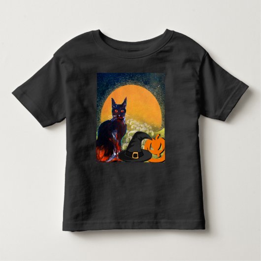 黒猫、魔女ハット及びカボチャハローウィンパーティ トドラーTシャツ (正面)