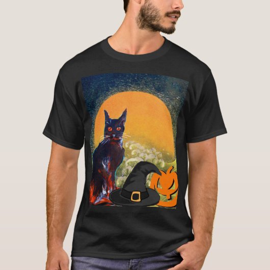 黒猫、魔女ハット及びカボチャハローウィンパーティ Tシャツ (正面)