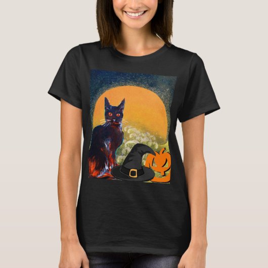 黒猫、魔女ハット及びカボチャハローウィンパーティ Tシャツ (正面)