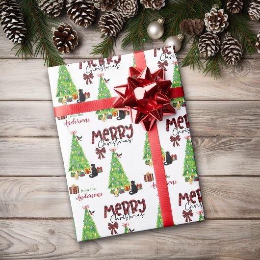 黒猫・鳥・クリスマスツリーの包み紙 ラッピングペーパー