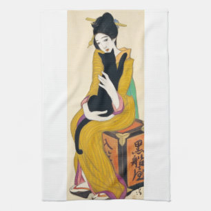 黒猫、Yumeji Takehisaを持つ女性 キッチンタオル