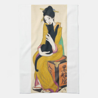 黒猫、Yumeji Takehisaを持つ女性 キッチンタオル