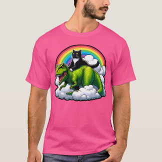 黒猫T恐竜に乗るレックスレインボークラウドおもしろい Tシャツ