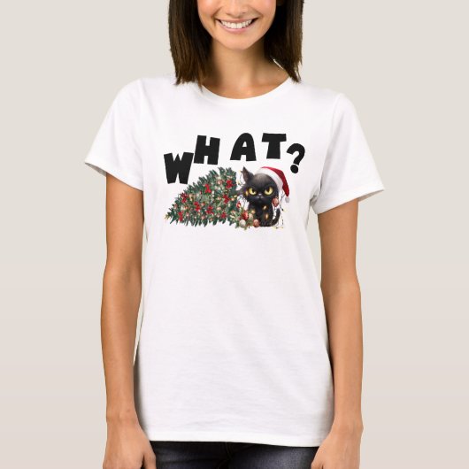黒猫What、クリスマスおもしろい Tシャツ (正面)