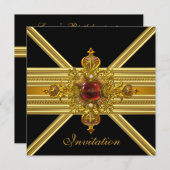 黒王室のパーティー2エレガントの金ゴールド赤い宝石 招待状 (正面/裏面)