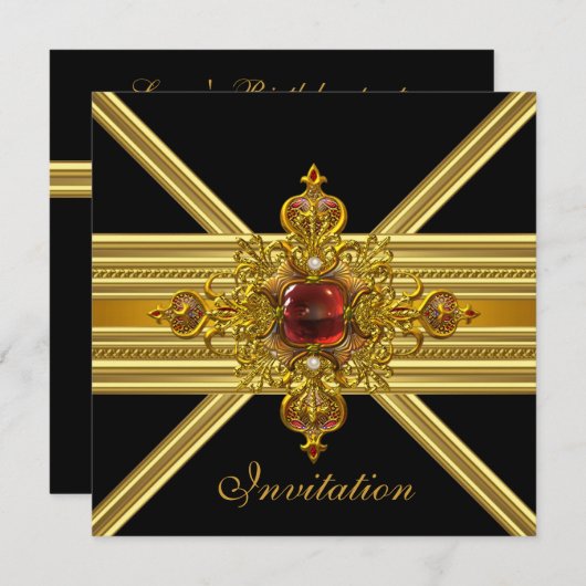 黒王室のパーティー2エレガントの金ゴールド赤い宝石 招待状 (正面/裏面)