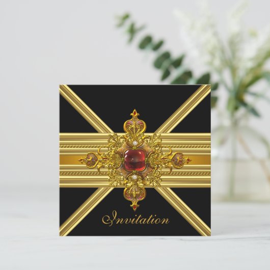 黒王室のパーティー2エレガントの金ゴールド赤い宝石 招待状 (スタンド正面)