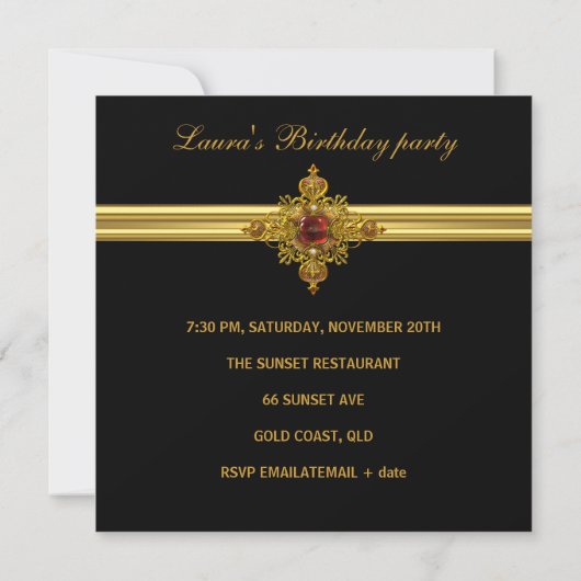 黒王室のパーティー2エレガントの金ゴールド赤い宝石 招待状 (裏面)