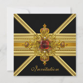 黒王室のパーティー2エレガントの金ゴールド赤い宝石 招待状 (正面)