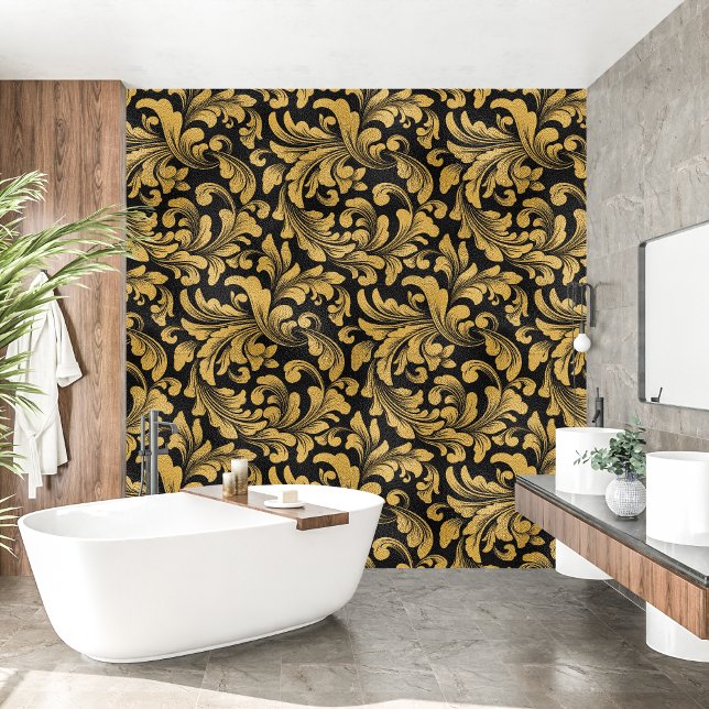 黒王室のフランスの金フローラ 壁紙 (Royal French black and golden Floral Wallpaper )