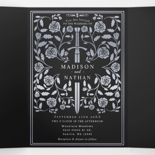 黒王室の中世の銀結婚剣 三つ折り招待状 (内部中)