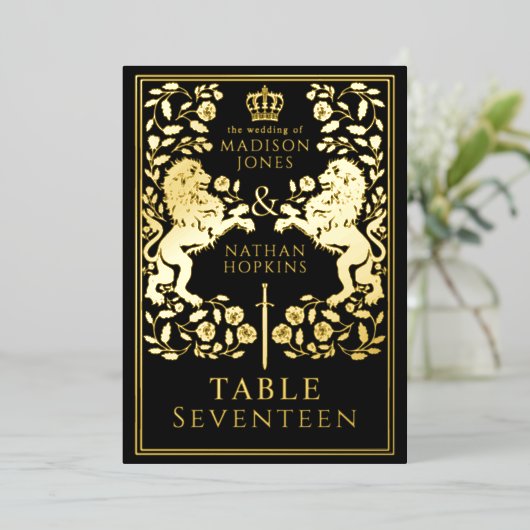 黒王室の中世ライオ結婚ンのホイル表カード 箔招待状 (立ち正面)