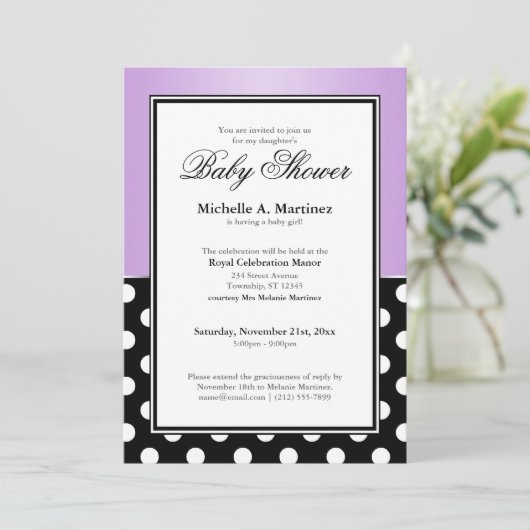 黒王室の水玉模様紫ベビーシャワー 招待状 (スタンド正面)