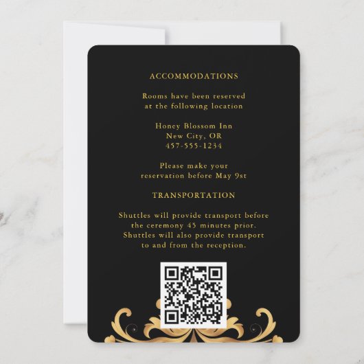 黒王室の金ゴールドダマスクウォーター結婚カラー 招待状 (裏面)