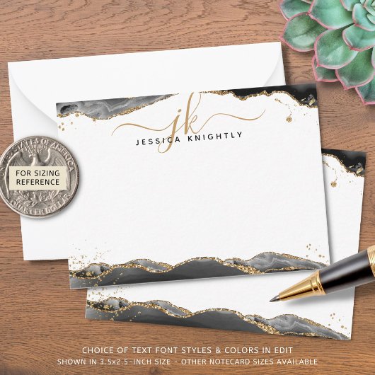 黒瑪瑙ジオードスクリプトモノグラム金ゴールドグリッター ノートカード