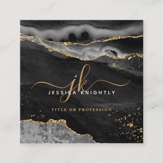 黒瑪瑙金ゴールドグリッタースクリプトモノグラム スクエア名刺 (正面)