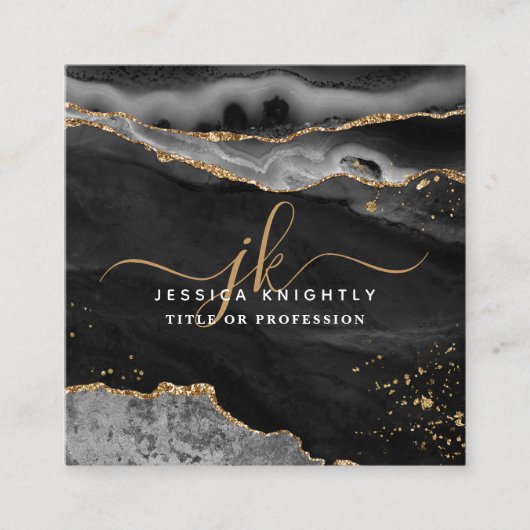 黒瑪瑙金ゴールドグリッタースクリプトモノグラムQR スクエア名刺 (正面)