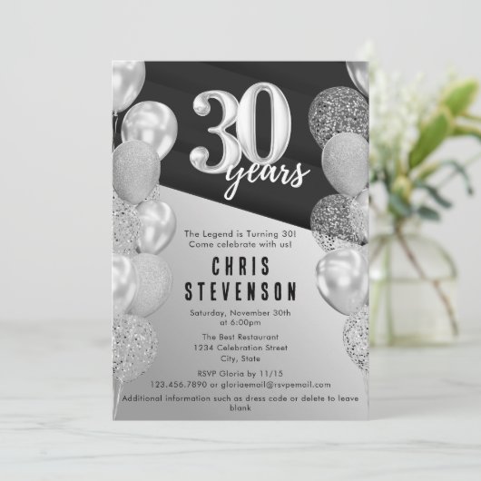 黒男らし銀風船30歳の誕生日 招待状 (スタンド正面)
