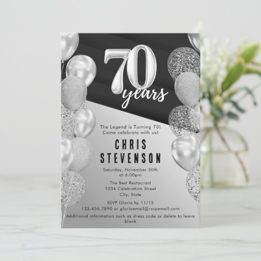 黒男らし銀風船70誕生日 招待状 (スタンド正面)
